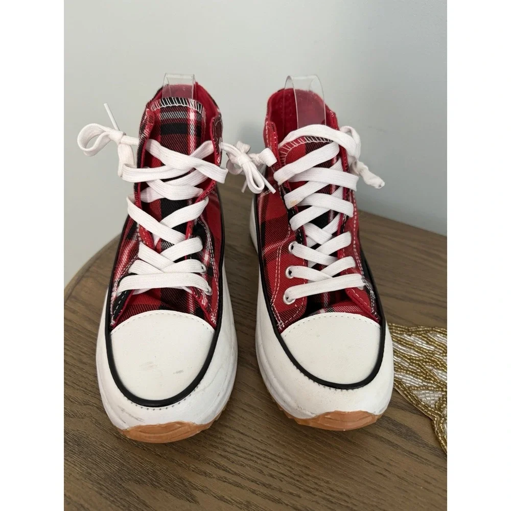 Platform High-Top Sneakers in Red Plaid - Unbranded
